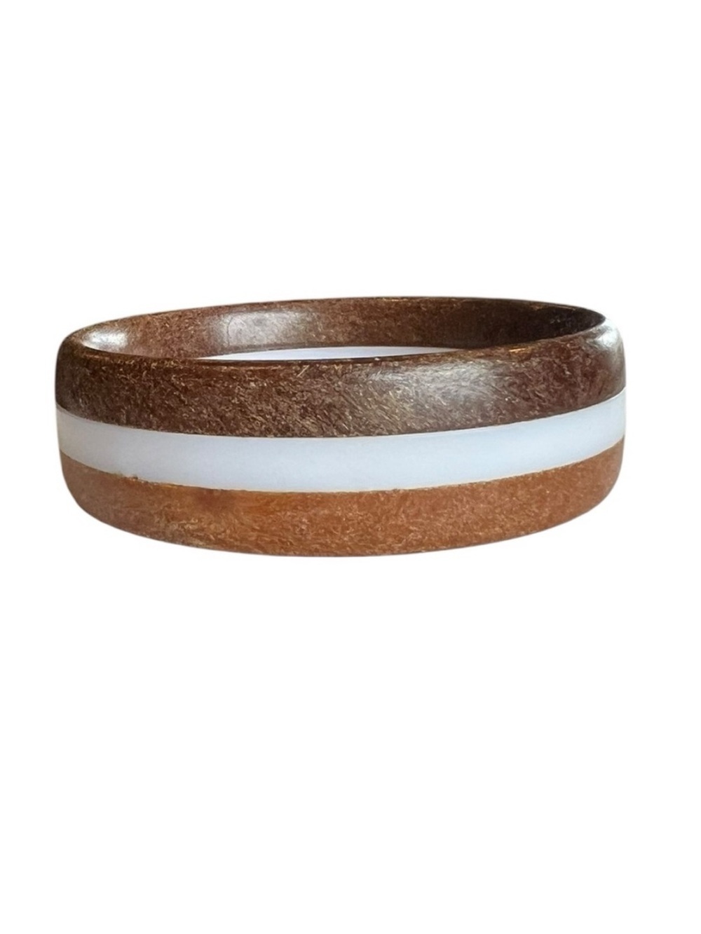 Glossy Wood Bangle Bracelet White Resin Inlay Boho Natural Sustainable
